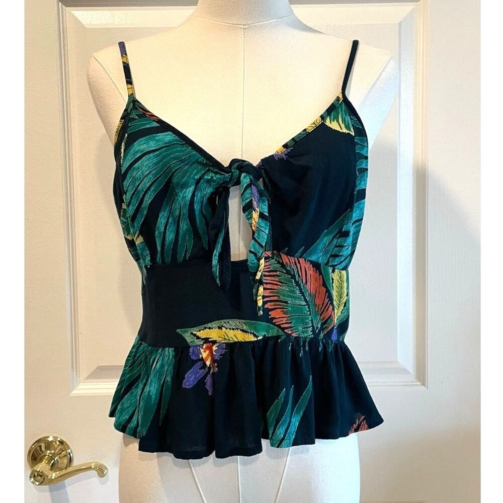 Patrons of Peace Tropical Floral Tie-Front Peplum Tank Top Size Large